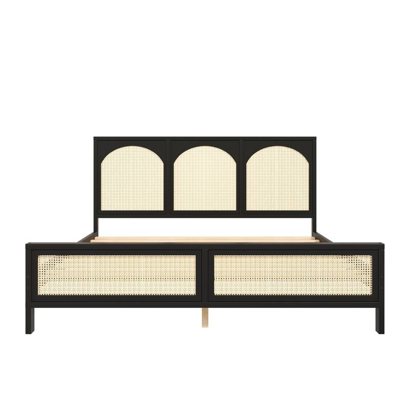 Rattan Low Profile Bed Wood Platform Bed Frame with Rattan Headboard and Footboard, Wood Slat Support, No Box Spring Needed