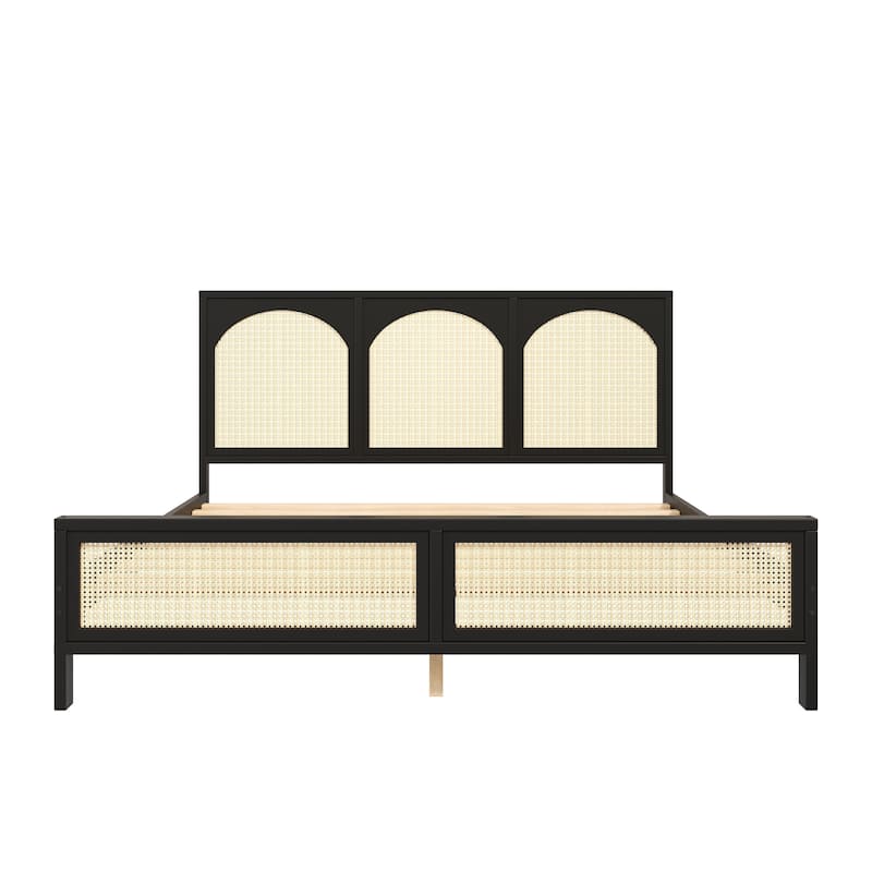 Wood Platform Bed Frame with Rattan Decorations Headboard & Footboard, Slat Support System, No Box Spring Needed, Easy Assembly