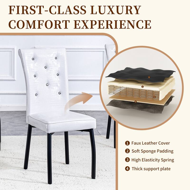 A set of 2 vintage crocodile leather cushioned dining chairs, featuring crystal clasp design and artificial leather design