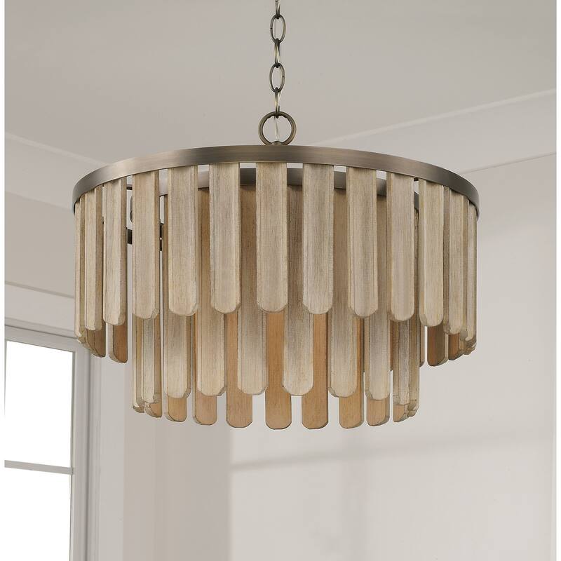 20" W x 14" H 1-Light Dual Mount Pendant in Dark Brass with Handcrafted Mango Wood in Nordic Grey Stain - 20"W x 15.5"H
