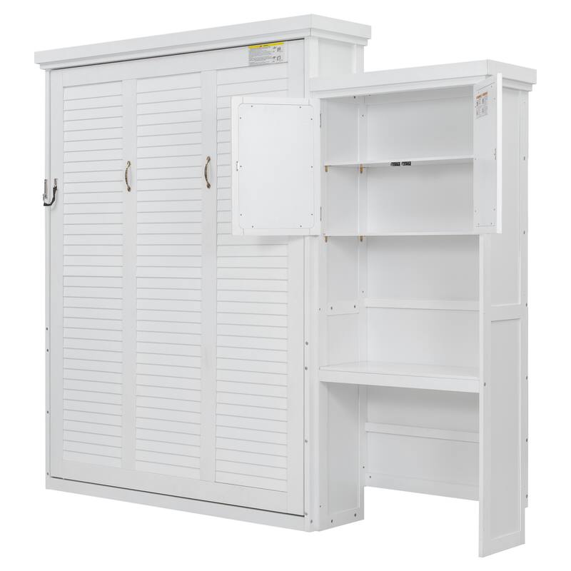Queen Size Murphy Bed Convertible Louvered Style Cube Cabinet Foldable Platform Bed with Side Storage Bookcase Cabinet Shelves