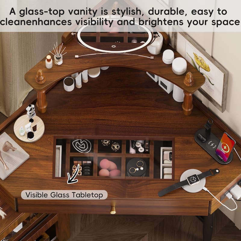 Modern Corner Makeup Vanity Desk with Stool, Charging Ports, Glass Tabletop, Removable Side Cabinet, Drawer & Storage Shelves
