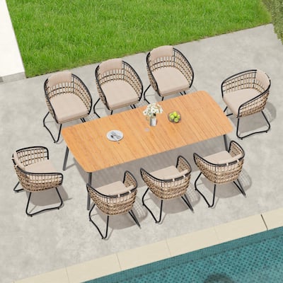 7/9-Piece Outdoor Dining Set Patio Aluminum Dining Table with Umbrella Hole and Rattan Chairs