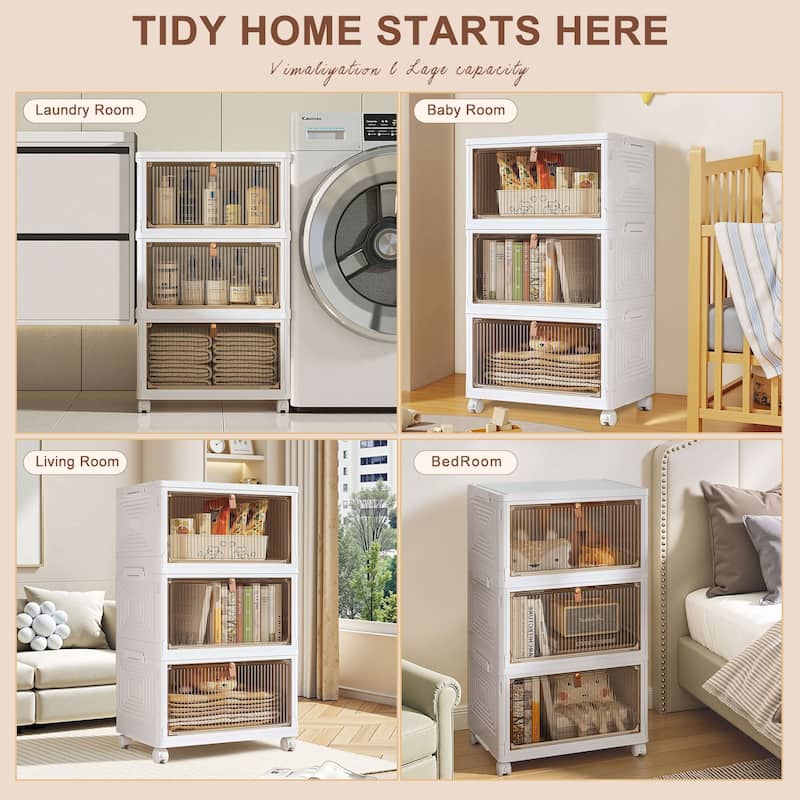 Javlergo 3 Tier Bathroom Storage Cabinet Storage Bins with Lid Stackable Storage Boxes Foldable Storage Organizers