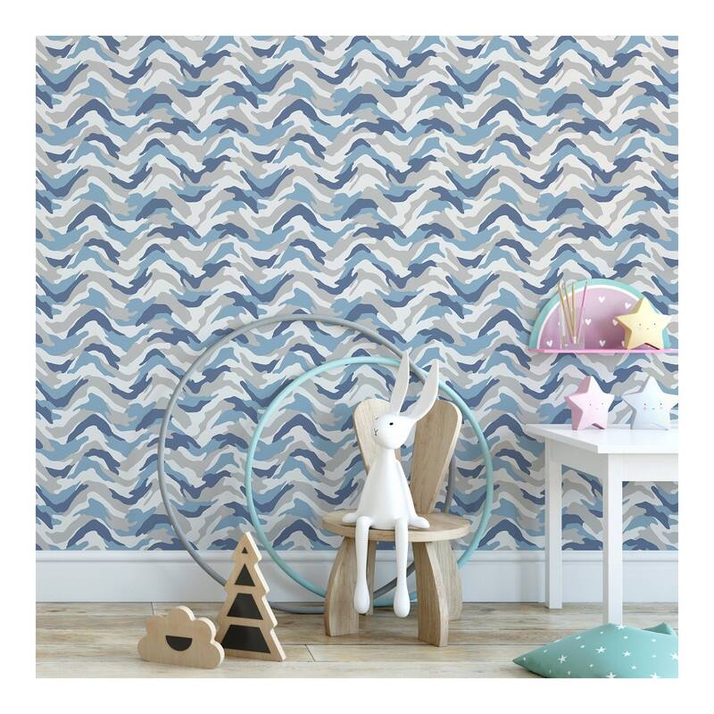 Brewster Stealth Blue Camo Wave Wallpaper - 20.5 x 396 x 0.025