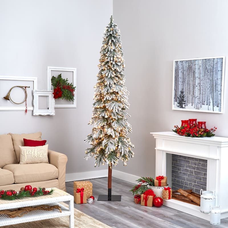 9ft Flocked Christmas Tree with Lights - Artificial Alpine Tree, Holiday Decor - Green - 108