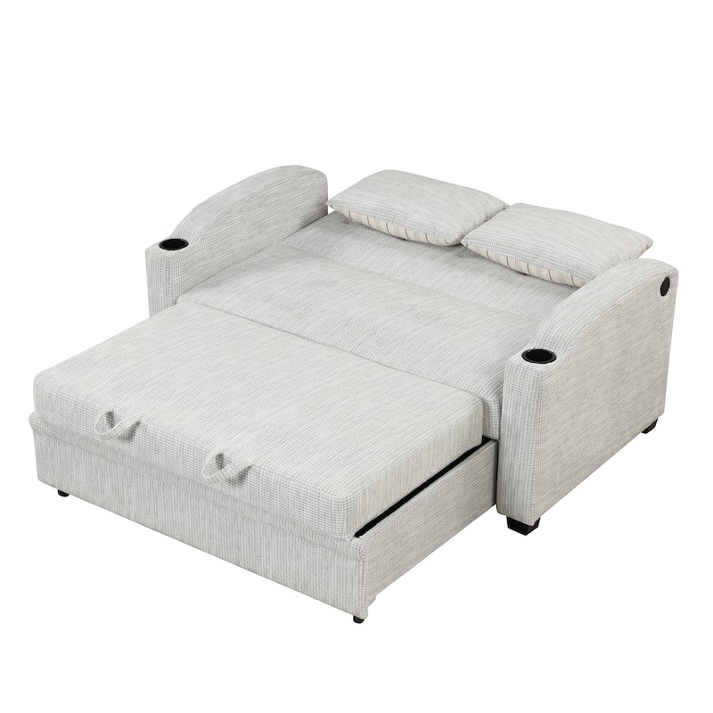 61.6" Pull Out Sofa Bed with Adjustable Backrest, 2 Pillows, Cup Holders & USB Ports, White Gray, Chenille