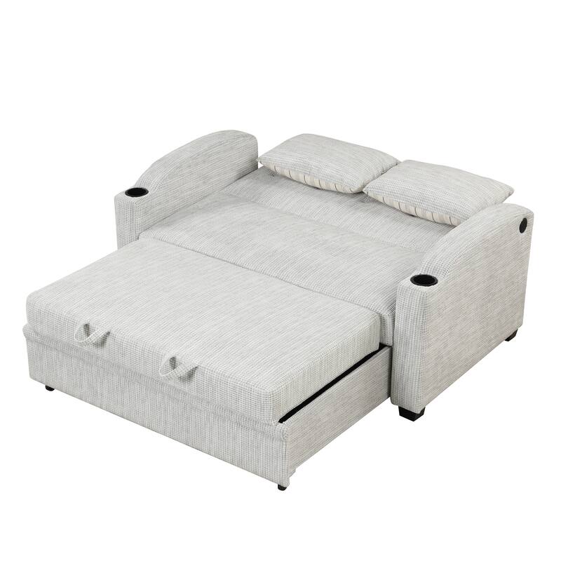 Pull Out Sofa Bed Modern Chenille Convertible Loveseat Sofa With Adjsutable Backrest, 2 Pillows, Cup Holders, Usb Ports