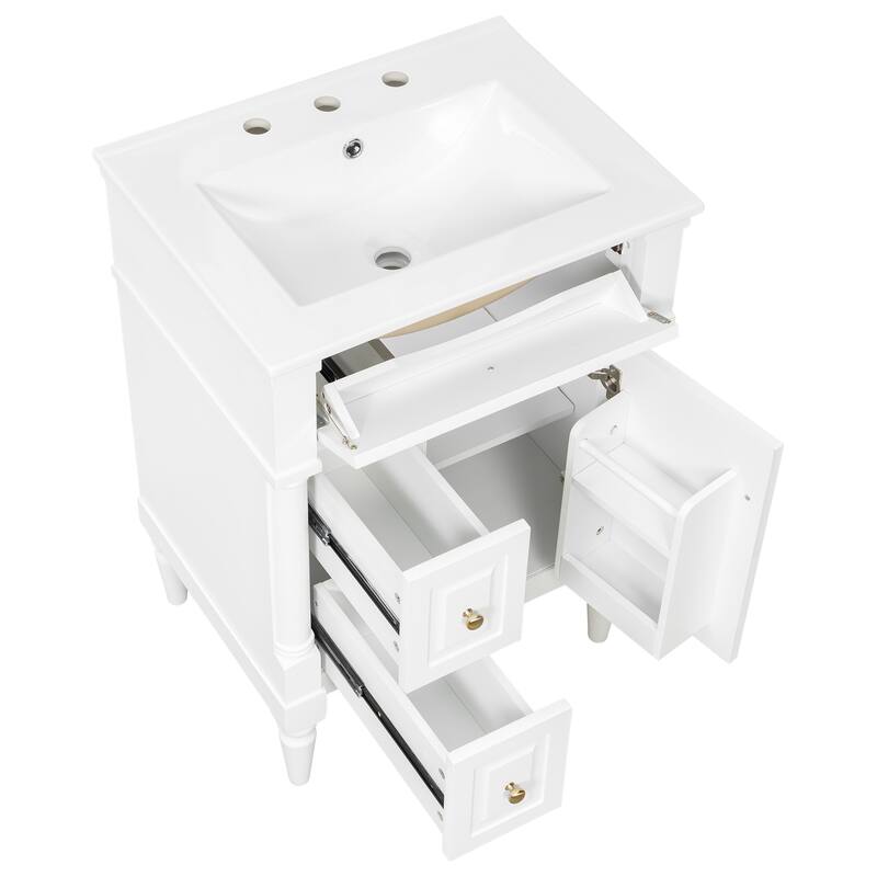 Roomfitters 24" Bathroom Vanity with Sink, Solid Wood Frame, Flip Drawer, 2 Drawers & Door Rack