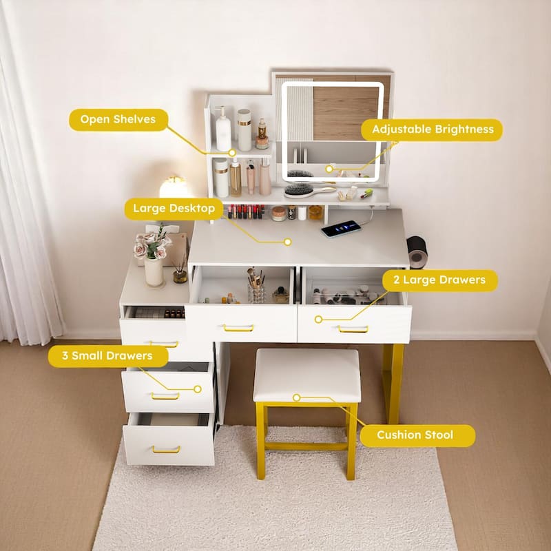 KISRAIS 31.5" Vanity Desk with Brightness Adjust LED Mirror, Cushioned Stool, Power Station, and Hair dryer bracket