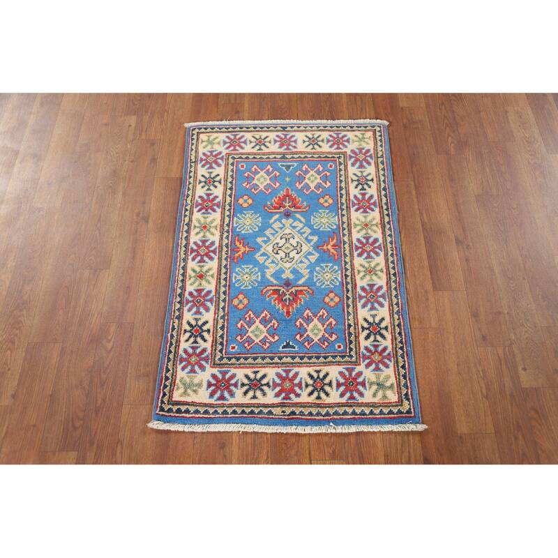 Blue Geometric Kazak Rug Hand-Knotted Oriental Wool Carpet - 2'0" x 2'11"