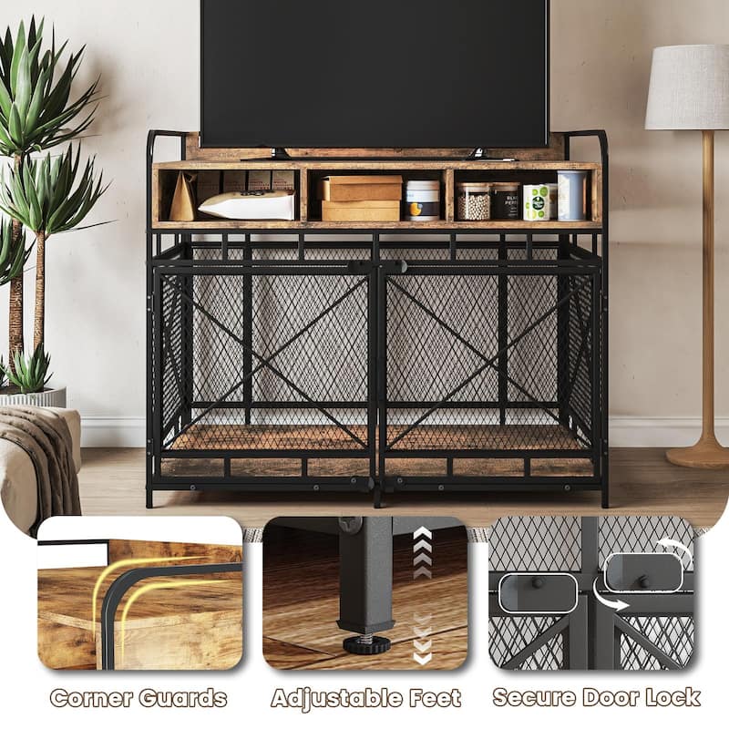 BOSSIN Large Dog Crate Furniture,Wooden Dog Kennel Table with Storage Drawers, Heavy Duty Metal Mesh,Decorative Pet House Indoor