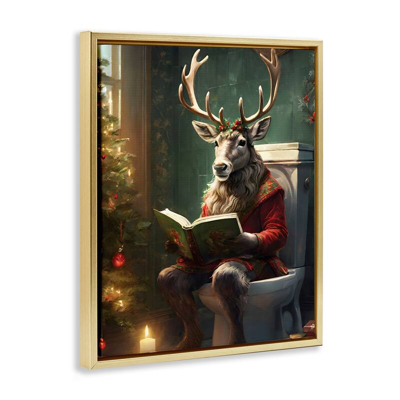 Stupell Reindeer in Festive Bathroom Framed Floater Canvas Wall Art Design By Jo Moulton