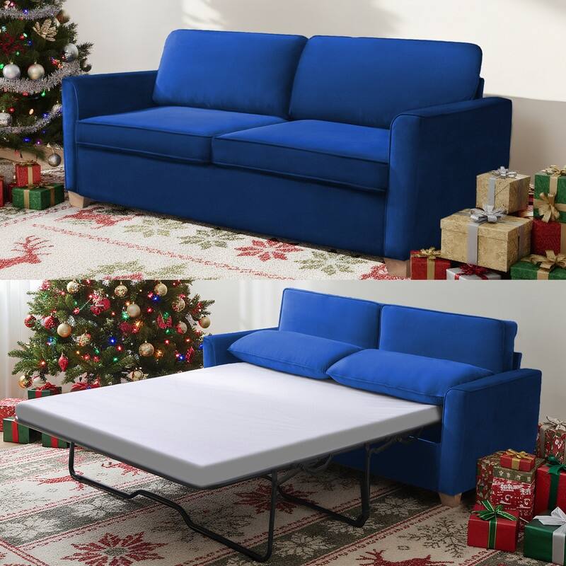 MIxoy Modern Velvet Queen Size 2-in-1 Pull Out Sleep Sofa Bed - Queen Size - Blue