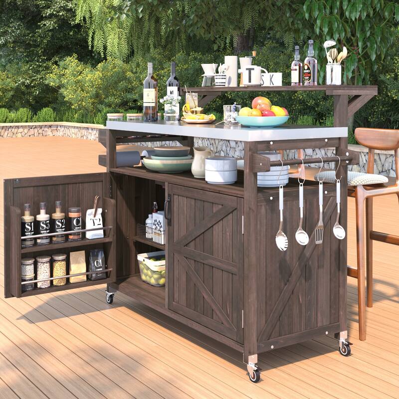 Anmytek Outdoor Kitchen Island Farmhouse BBQ Grill Station Stainless Steel Top Patio Prep Cart with Storage