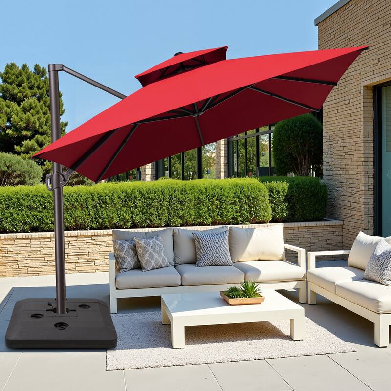 10 x 13 ft Double Top Aluminum Rotating Patio Offset Cantilever Umbrella with Base - Red