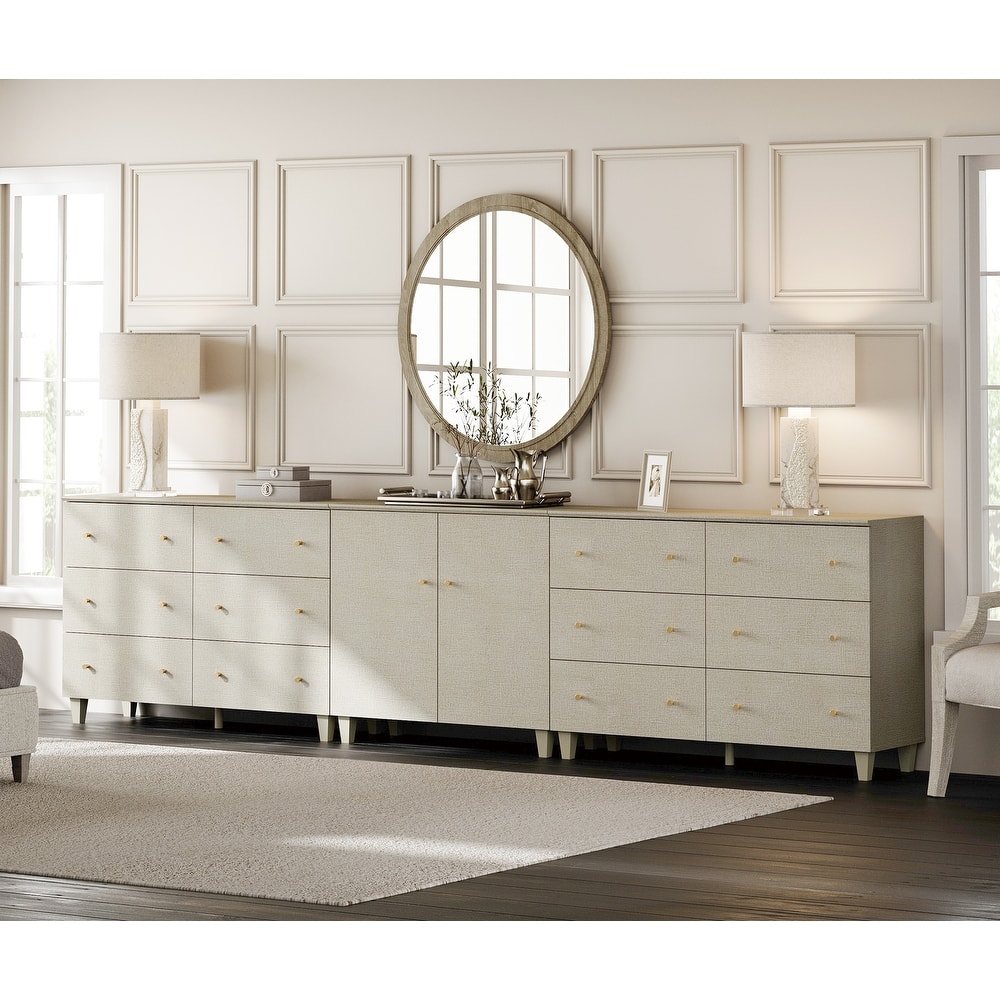 Wood Dresser with 12 Drawers and 1 Cabinet for Bedroom, 130" Wide