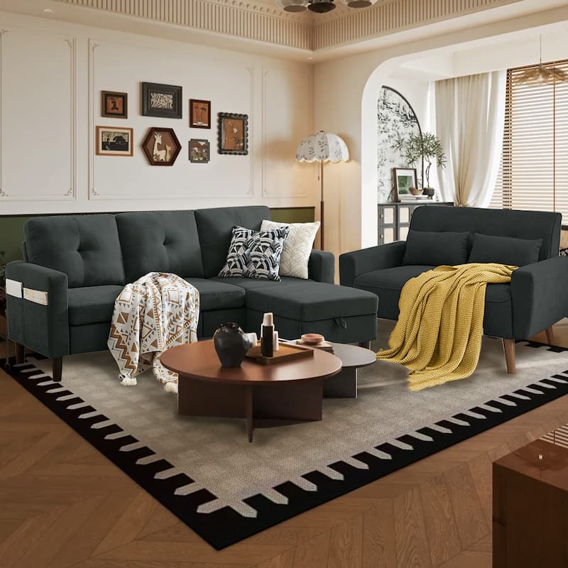 3 Pieces Living Room Set with Storage Ottoman