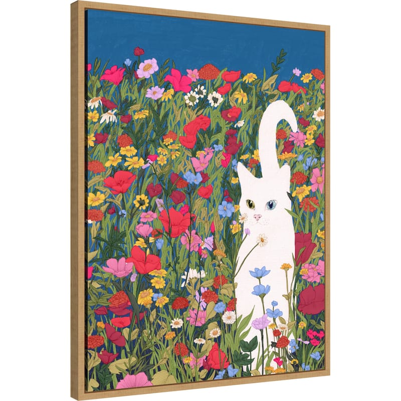 White Cat in the Wildflowers by Ec Mazur Framed Canvas Wall Art