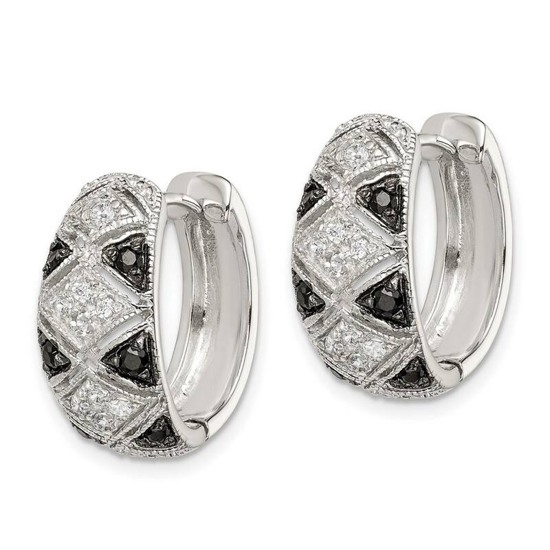 Curata 925 Sterling Silver Pave Black and Clear CZ Cubic Zirconia Art Deco Hinged Huggies Hoop Earrings (8mm x 18mm)