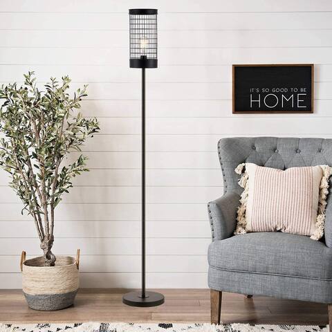 62 Inches Rustic Wire Cage Metal Floor Lamp Brushed in Black Finish - N/A