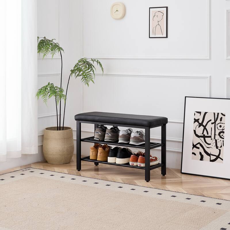 Shoe Bench, Storage Bench, Entryway Bench with Cushion, Shoe Shelf with Seat, Space-Saving, Modern Style, for Living Room - Black PU