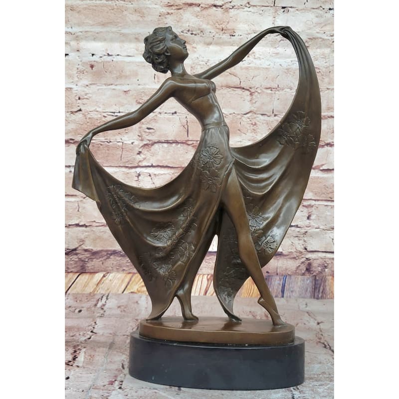 Art Deco Bronze Dancer With Flowing Drapery On Marble Base Signed Original Cesaro