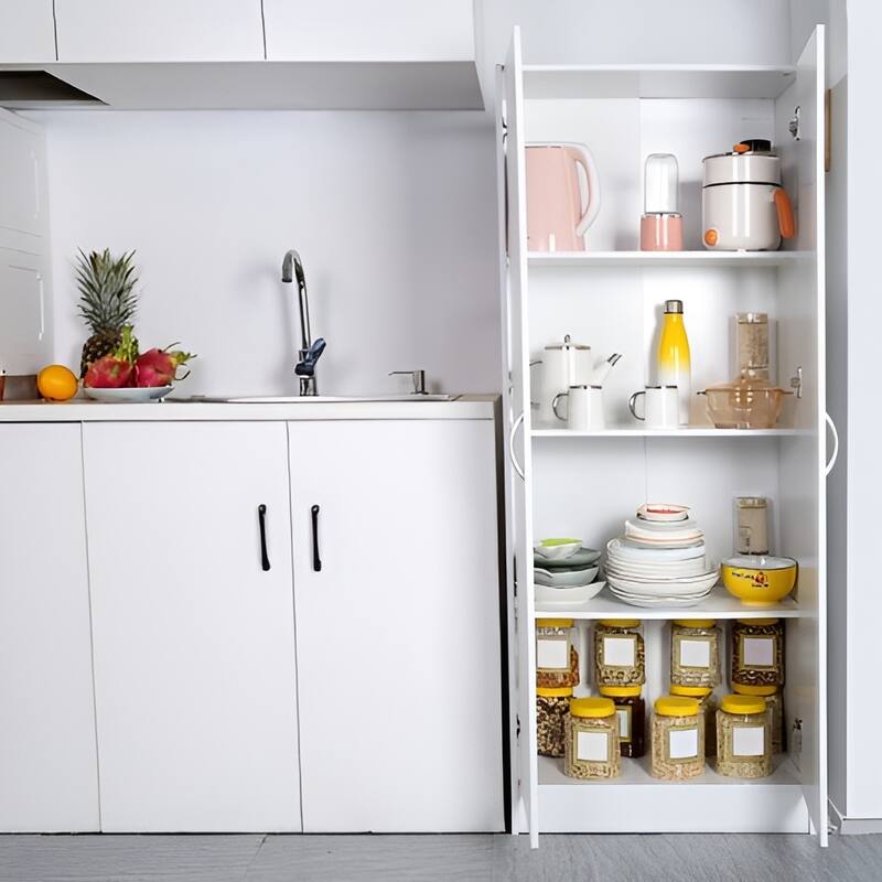 White MDF Kitchen Pantry Cabinet with 2 Doors and Adjustable Shelves - 24” L x 12” W x 60” H