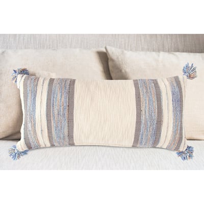 Blue, Grey & Cream Striped Cotton Blend Lumbar Pillow with Tassels