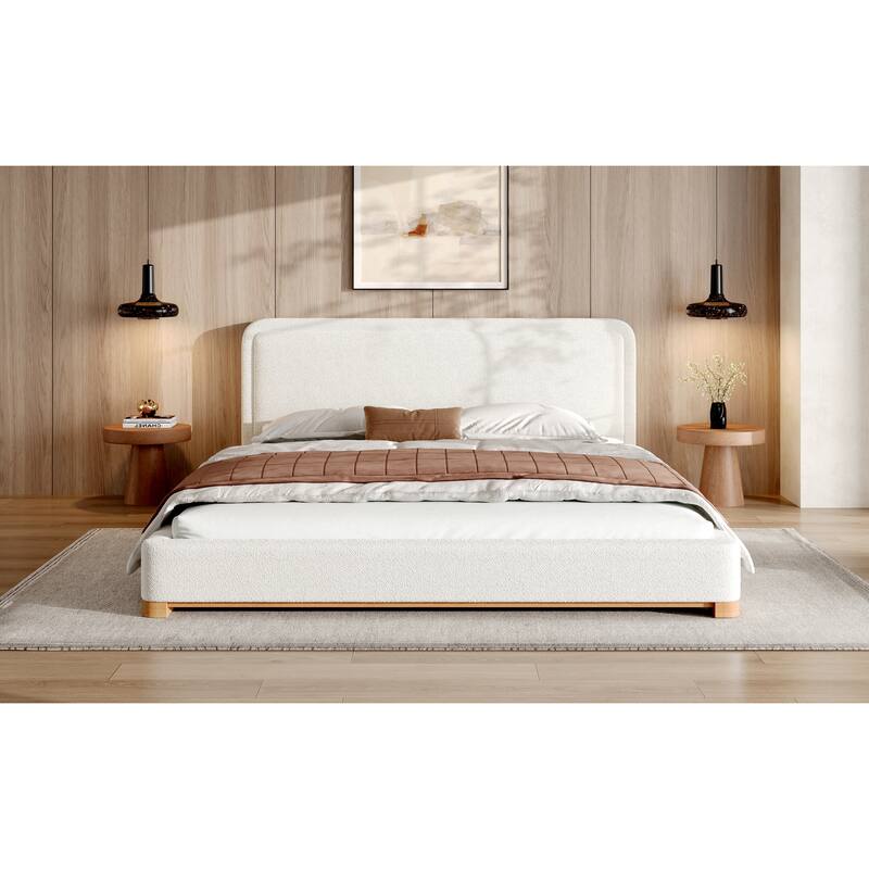Modern King Size Bed Frame with Curved Headboard, Boucle Upholstery, and Solid Wood Base