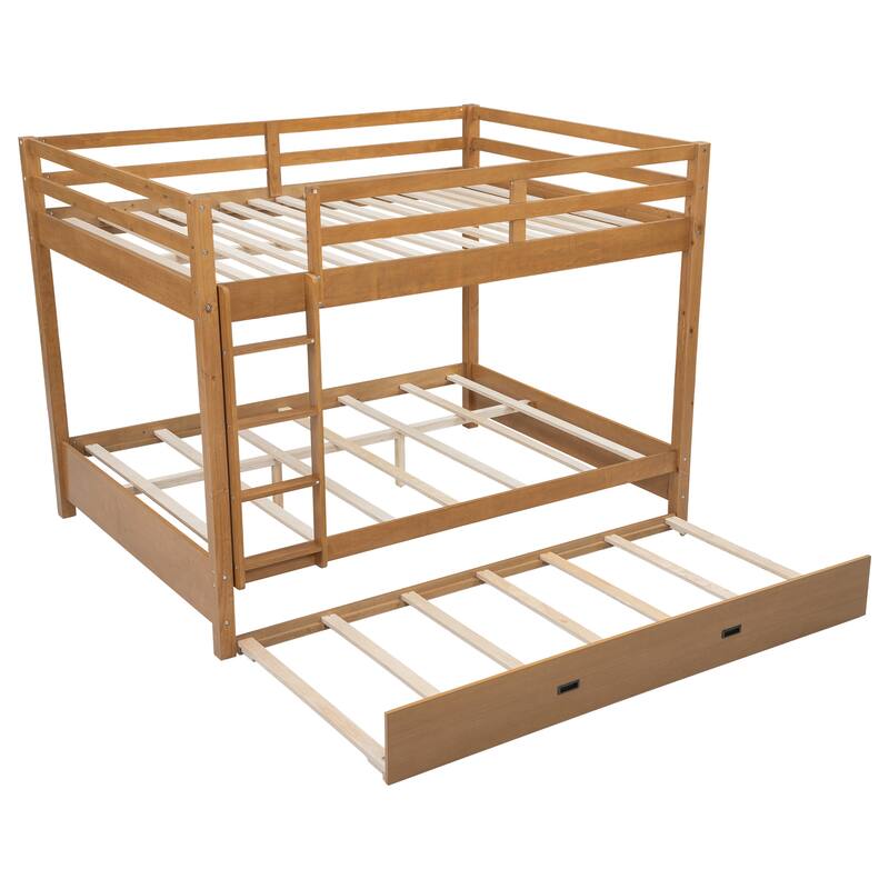 Queen Size Pinewood Bunk Bed with Ladder, Guard Rails and Twin XL Trundle