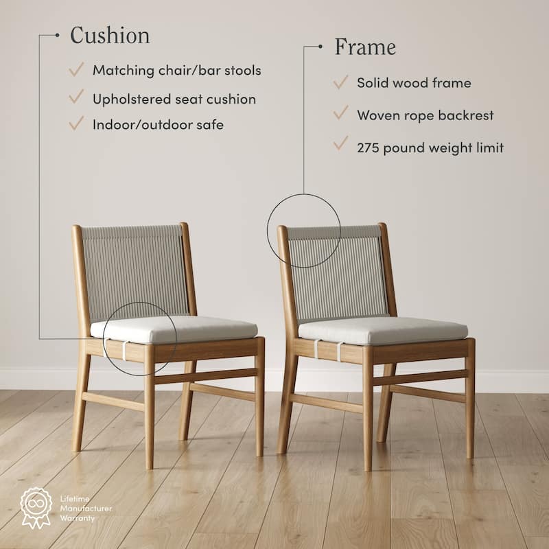 Kayden Solid Wood Dining Chair or Bar Stool with Woven Rope Backrest, Upholstered Stool for Kitchen or Bar