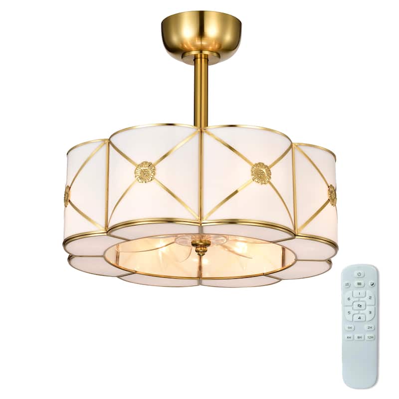 Strancta Scalloped Round White Gold Trim Tiffany Glass Lighted Ceiling Fandelier with Remote - White-Gold