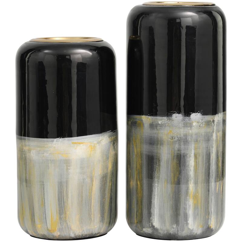 Silver Metal Colorblock Abstract Decorative Vase with Paint Streak Designs and Gold Accents (Set of 2) - 13, 11"H