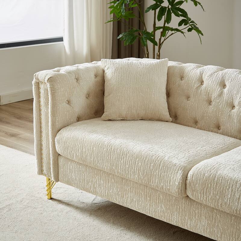 Chesterfield 60-Inch Chenille Sofa with Nailhead Trim and Metal Legs, Classic Button-Tufted Couch