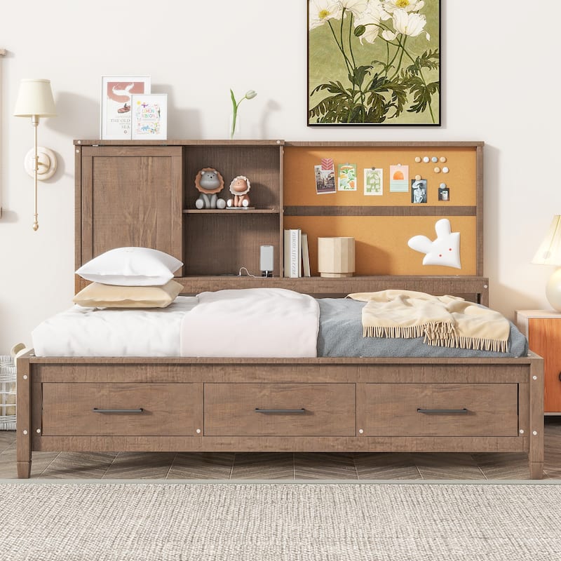 Wood Twin Lounge Daybed with Storage Shelves, USB Ports, and 3 Drawers