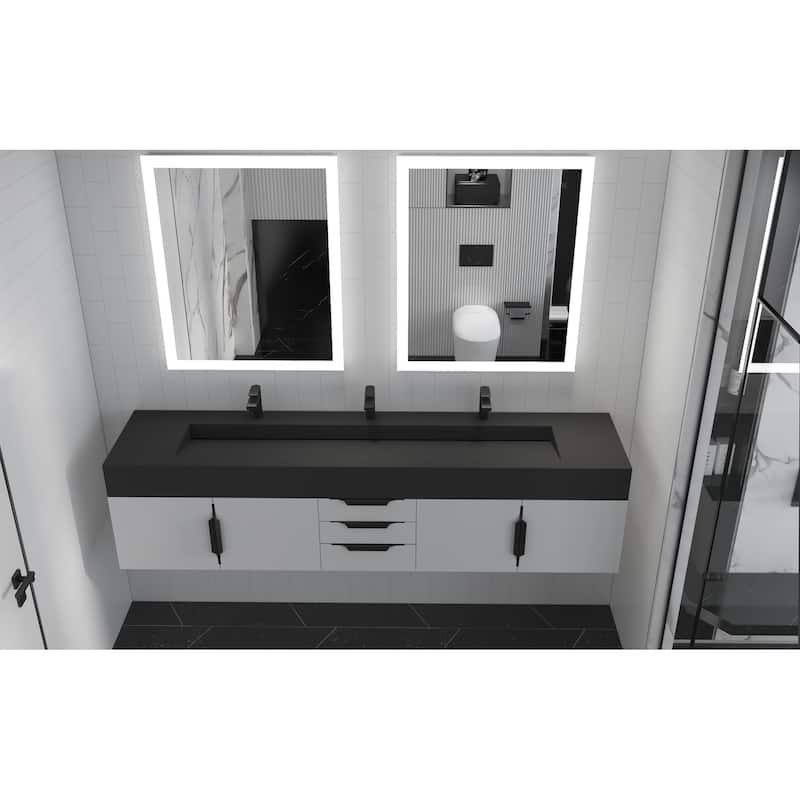 Nile 84-Inch Wall Mounted Bathroom Vanity Set w/ Black Top