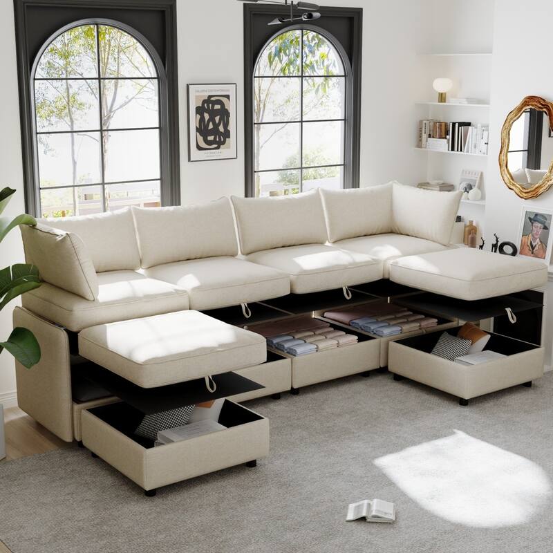 129" Chenille Sectional Sofa with Storage and Two Ottomans