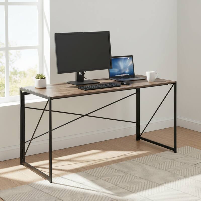 Homylin Folding Writing Desk with Metal Frame, Space-Saving Computer Table, No Assembly Required