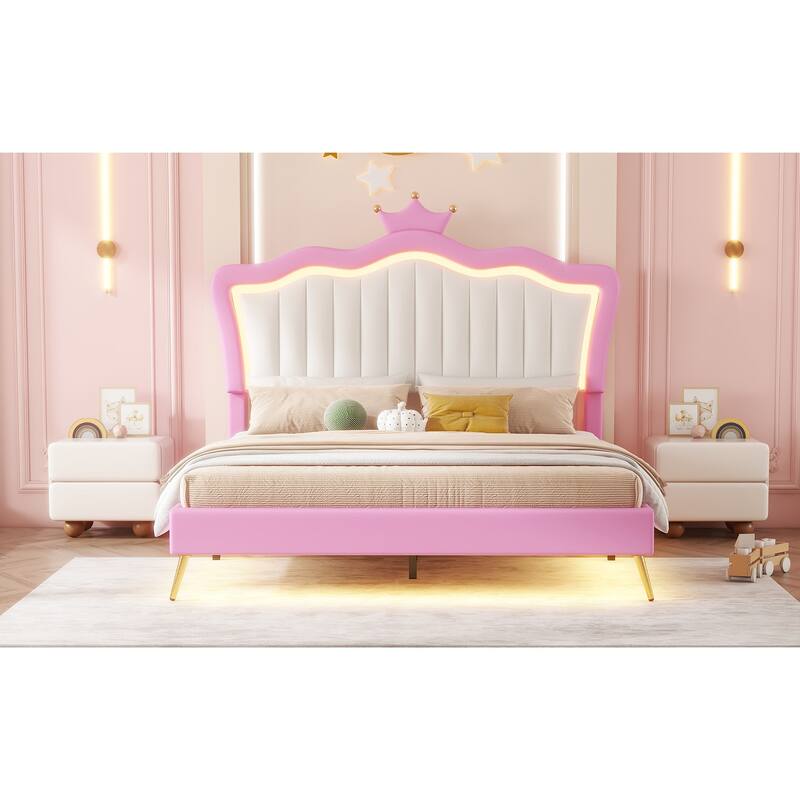 Full Size Upholstered Princess Bed with LED Lights and Crown Headboard, Pink and White