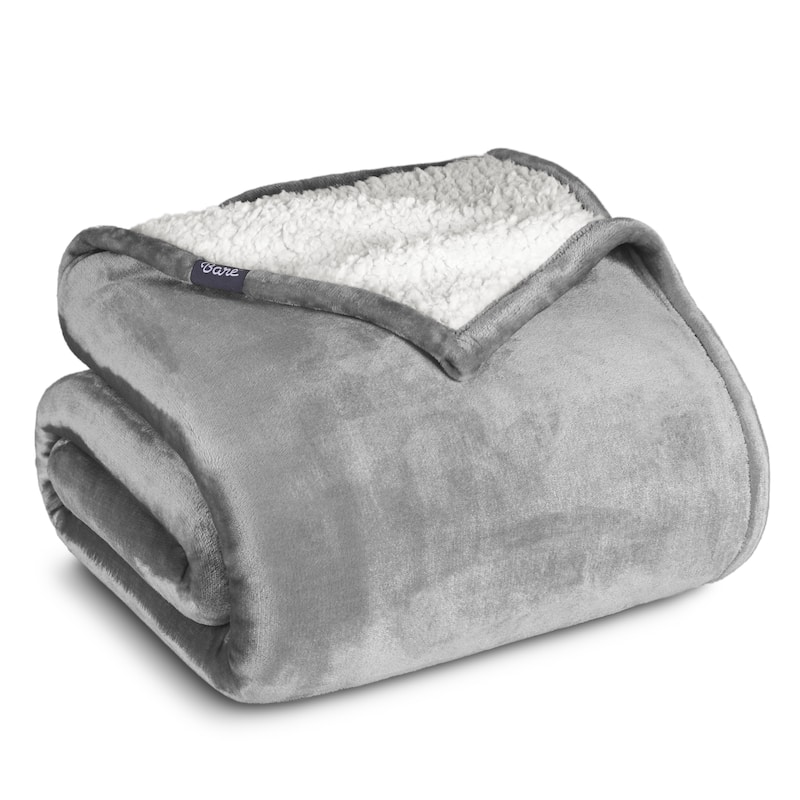Bare Home Sherpa Fleece Blanket - Reversible Plush Bed Blanket - Twin/Twin XL - Light Grey