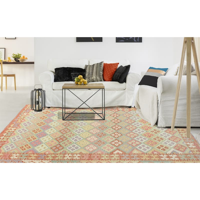 Sun Faded Flatweave Nazan Rust/Lt. Green Rug - 6'6" x 10'0"