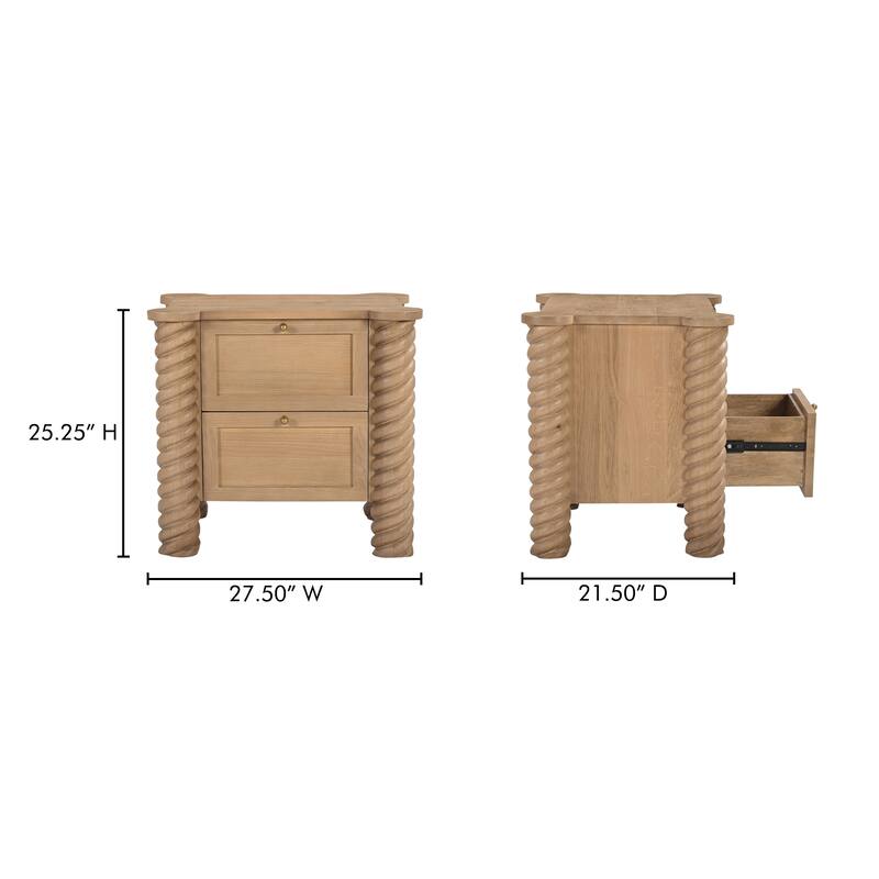 NADAAL STUDIOS Calvert Treccia Nightstand, Solid Oak with Oak Veneer Panels, 2 Drawers, Turned Legs, Natural Finish