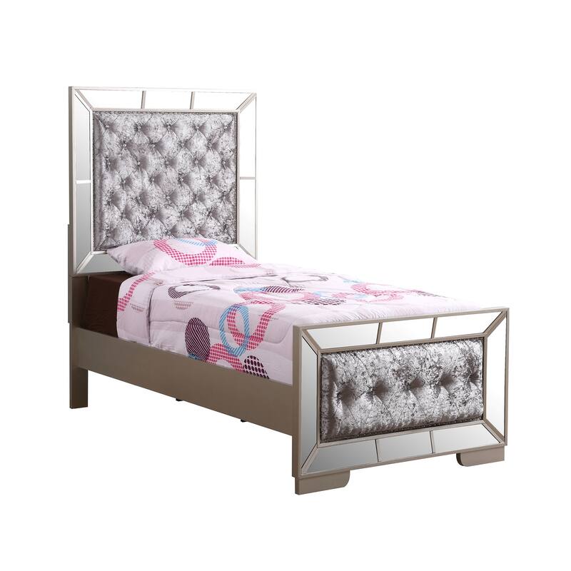 Diamond Tufted Twin Panel Bed with Mirror - 80" - Silver Champagne
