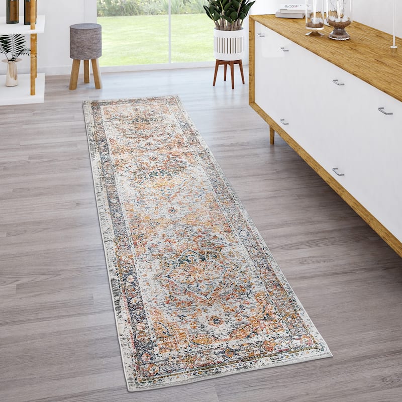 Vintage Rug Oriental Design with Ornaments and Border in Cream Yellow