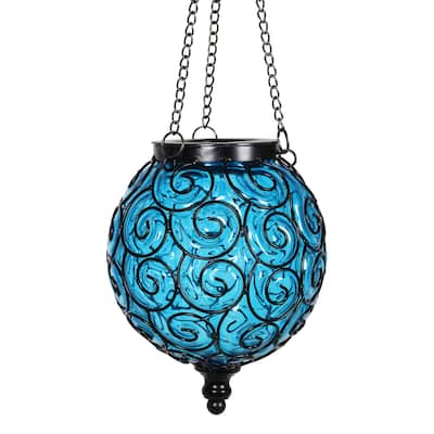 Exhart Solar Round Glass and Metal Hanging Lantern with 15 LED Fairy Firefly String Lights, 7 by 21 Inches
