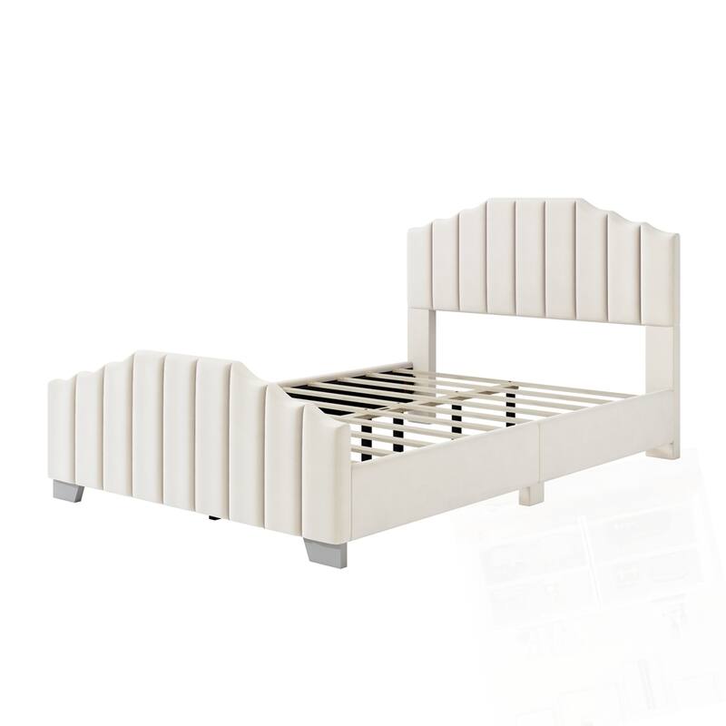 Velvet Upholstered Platform Bed Vertical Channel Tufted Headboard