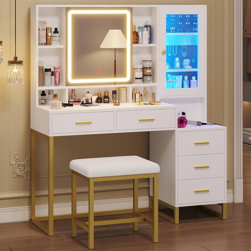 Makeup Vanity with Stool Charging Station Jewelry Storage RGB Lights 5 Drawers Shelves