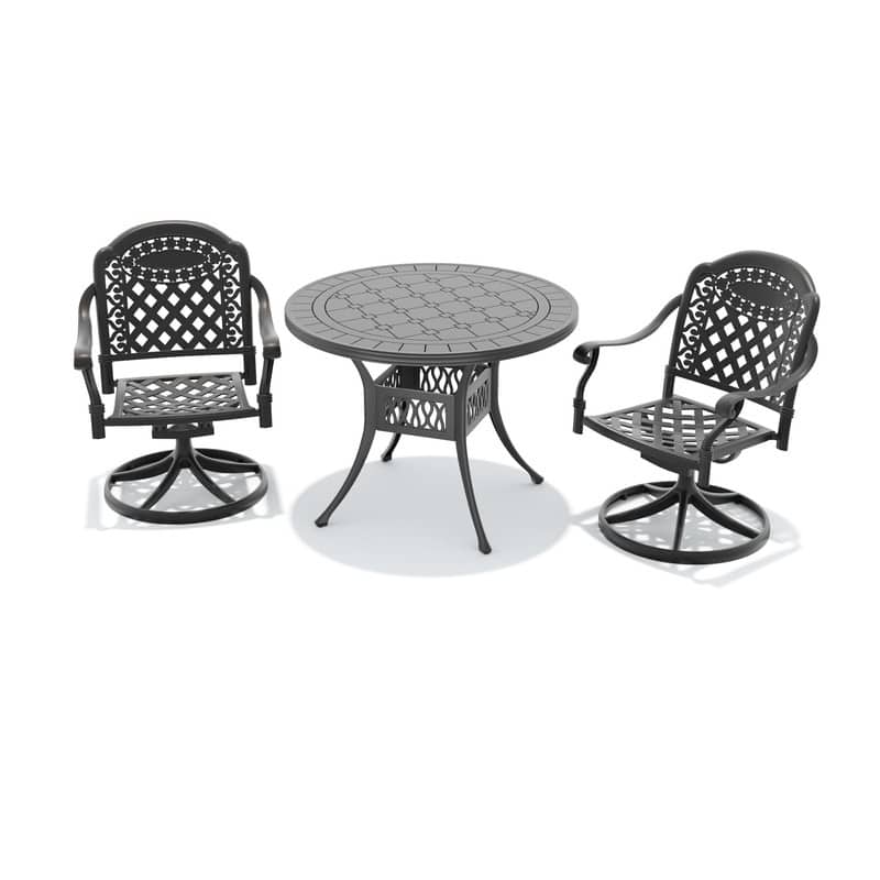 3-Piece Aluminum Round Outdoor Patio Dining Set, 2 Cushioned Swivel Chairs, Table, All-Weather Frames