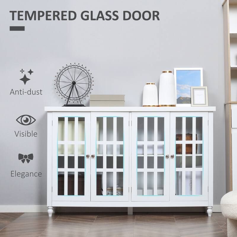 Sideboard, Buffet Cabinet with 4 Tempered Glass Doors, Stripe Pattern and Adjustable Storage Shelf, Credenza